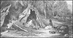 A 19th century engraving of an Indigenous Australian encampment, showing the indigenous mode of life in the cooler parts of Australia at the time of European settlement.
